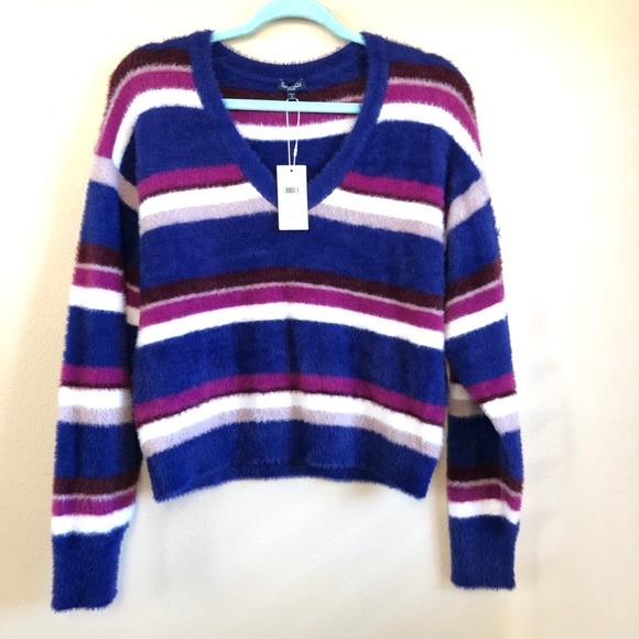 Splendid Striped Fuzzy V-neck Dolman Sleeve Sweater - Picture 2 of 10